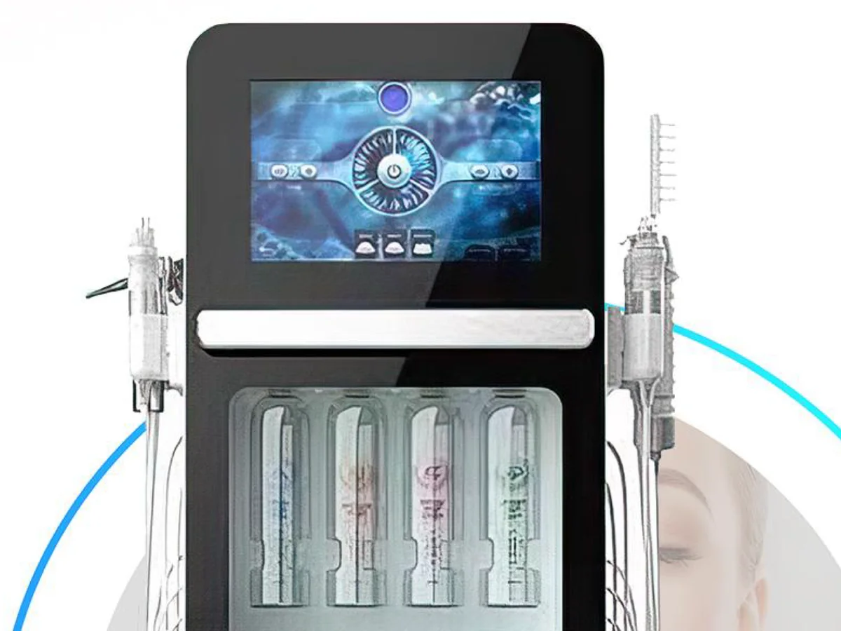 BVLASER 8+9 hydra facial machine with its touch screen, serum bottles and handpieces