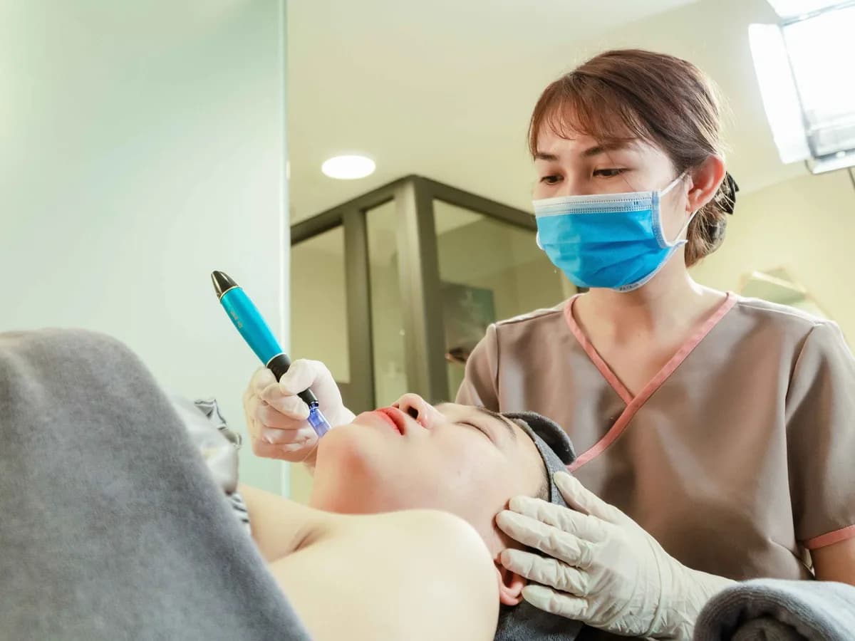 Microneedling pen being used on a patient's face in a skin clinic